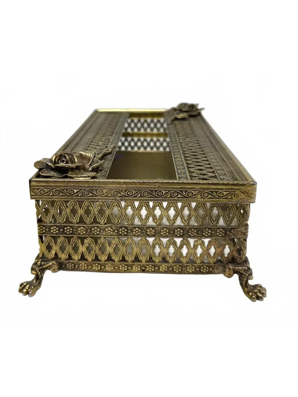 Vintage Gold-Tone Metal Filigree Tissue Box Cover Roses Hollywood Regency